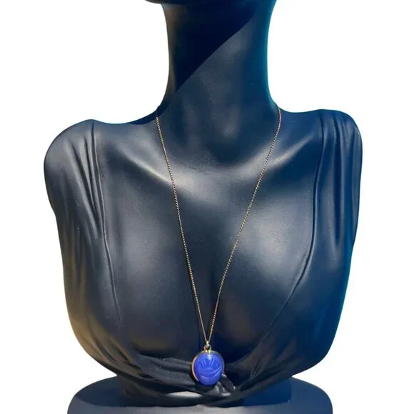 Lapis Lazuli Blue Scarab Vintage 1950s Gold Pendant & Necklace By WE Richards - Picture 4 of 13